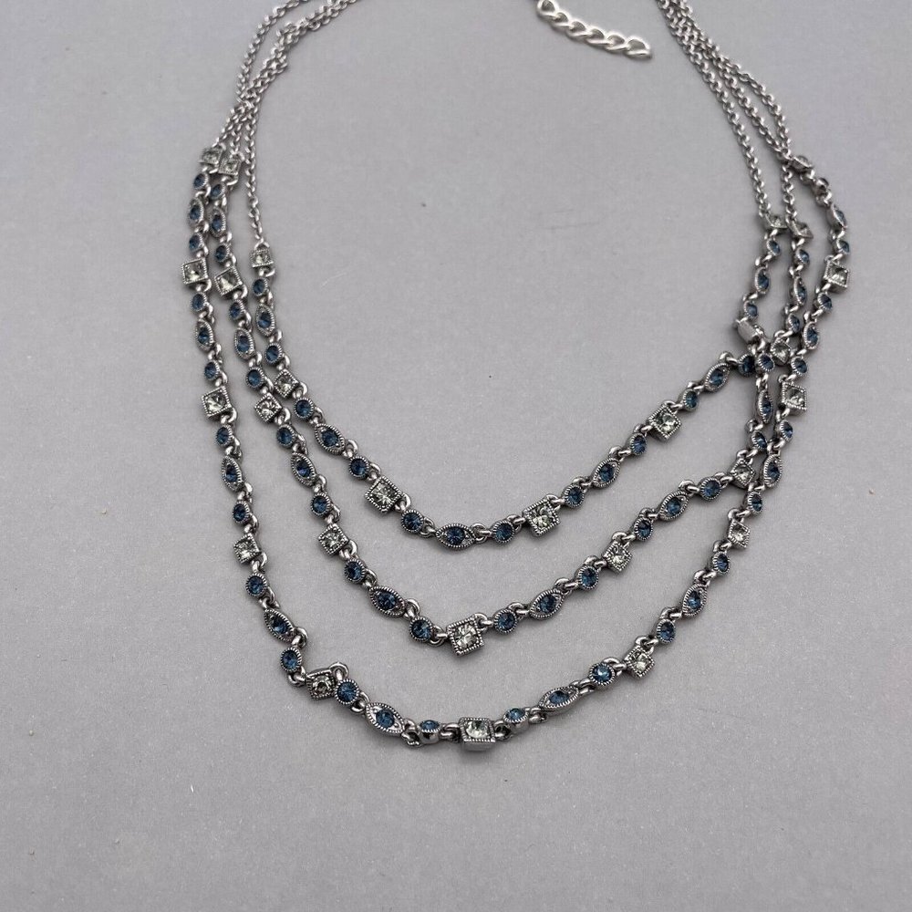 Givenchy Blue & Clear Crystal Multi Strand Necklace Silver-Tone 18 to 20 in - Picture 7 of 8